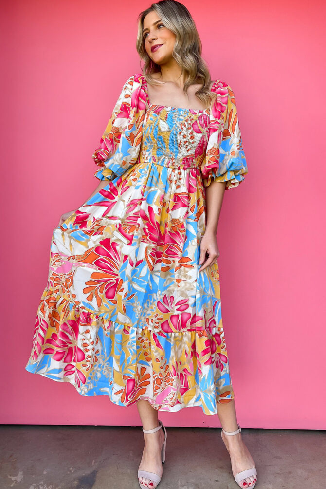 Rose Red Tropical Print Smocked Bodice Puff Sleeve Maxi Dress