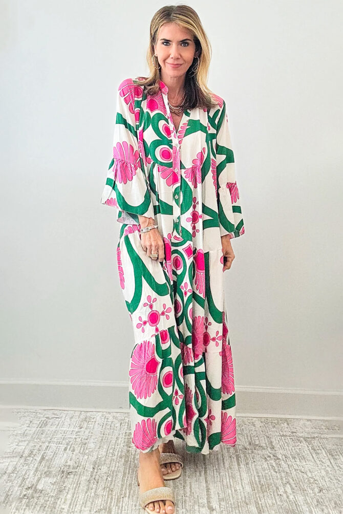 Pink Boho Floral Printed Long Sleeve Buttoned Loose Maxi Dress