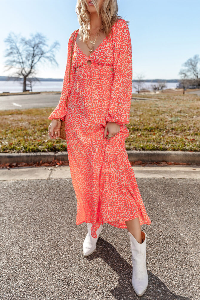 Red Floral Long Puff Sleeve V Neck Hollow Out Dress