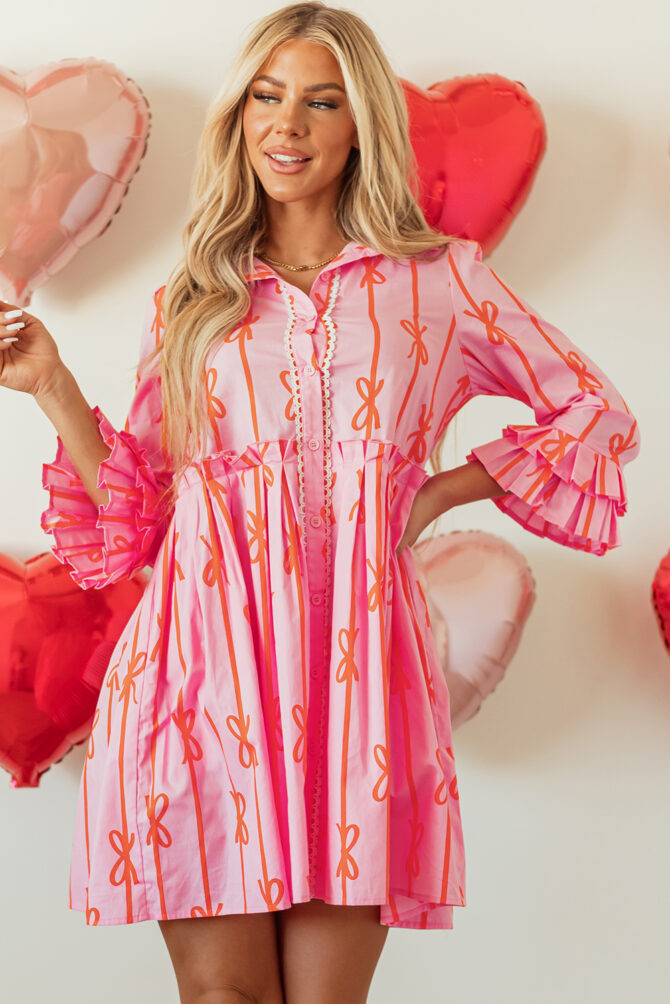 Pink Bowknot Striped Printed Tiered Ruffled Mini Shirt Dress