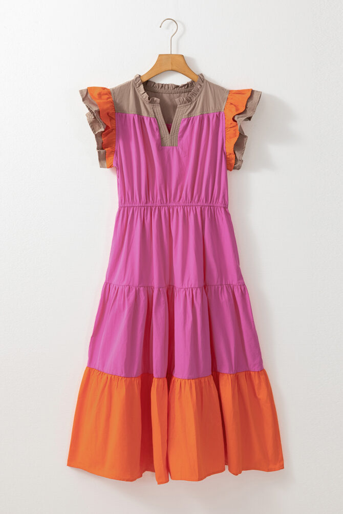 Bonbon Color Block Tiered Notched Neck Ruffle Sleeve Dress