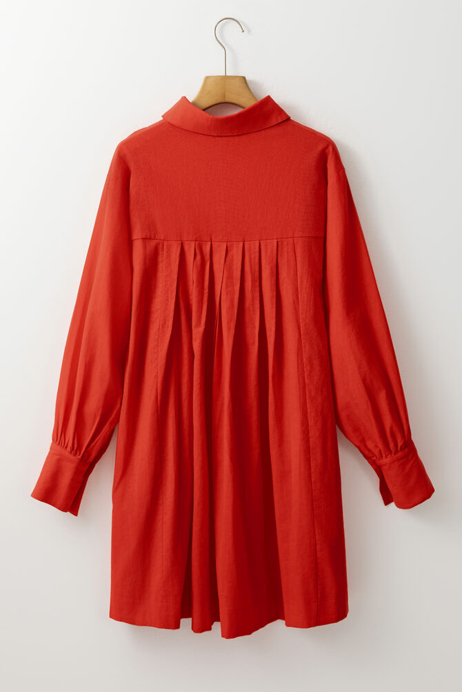 Tomato Red Bishop Sleeve Button Up Pleated Mini Shirt Dress