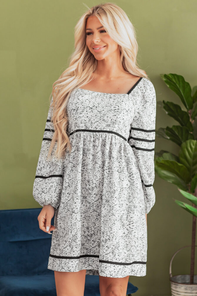 Gray Floral Print Open Back Balloon Sleeve Square Neck Mini Dress